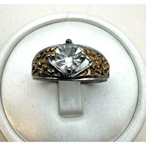 Two Tone Solitaire Style Ring Clear Stone Gold Tone Silver Tone Fashion Jewelry